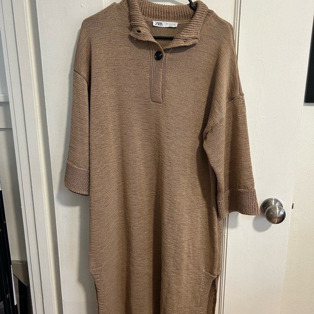 Zara Tan Knit Sweater Dress with Button Detail